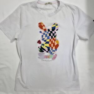 NWT (No Tag) Men's White 100% Cotton Tee with Multicolor Patchwork Rabbit Design